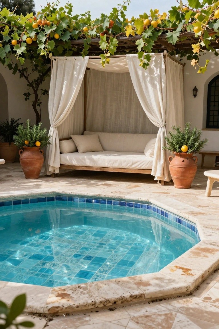 Wooden pergola covered in green vines and yellow fruit with white draped curtains enclosing a beige cushioned daybed, flanked by terracotta pots of rosemary and oranges, adjacent to a small octagonal blue mosaic-tiled pool on a stone patio.