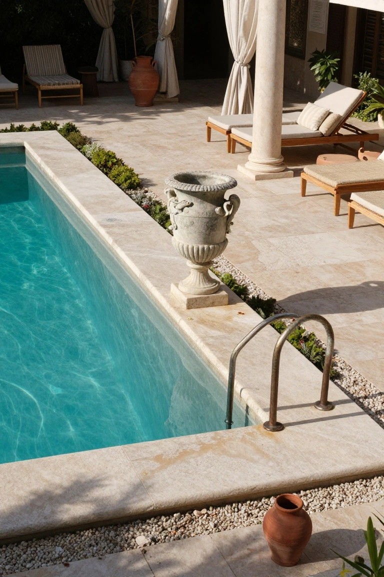 Turquoise swimming pool with wide beige travertine coping edged by low green plants and pebbles, a large stone urn positioned nearby, wooden loungers, and draped columns in the background.