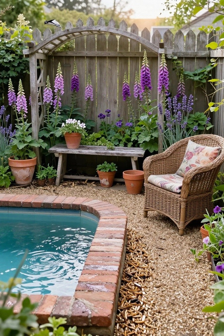 Small curved turquoise pool with brick edging in a gravel-surrounded garden nook, featuring a wooden bench, wicker armchair, potted plants, and tall purple foxgloves against a wooden fence and arch.
