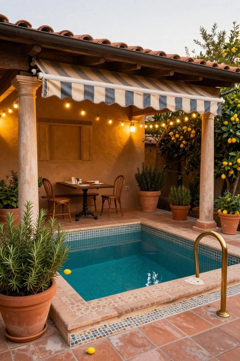 Small blue-tiled plunge pool next to a wooden dining table and chairs on a terracotta terrace under a striped awning, with potted plants, lemon trees, and string lights around stucco columns.