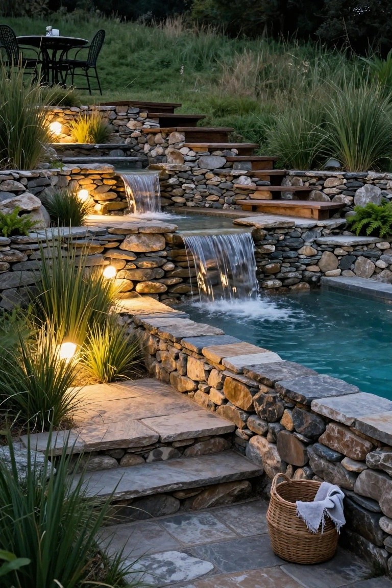 Terraced Stone Waterfalls Around the Pool