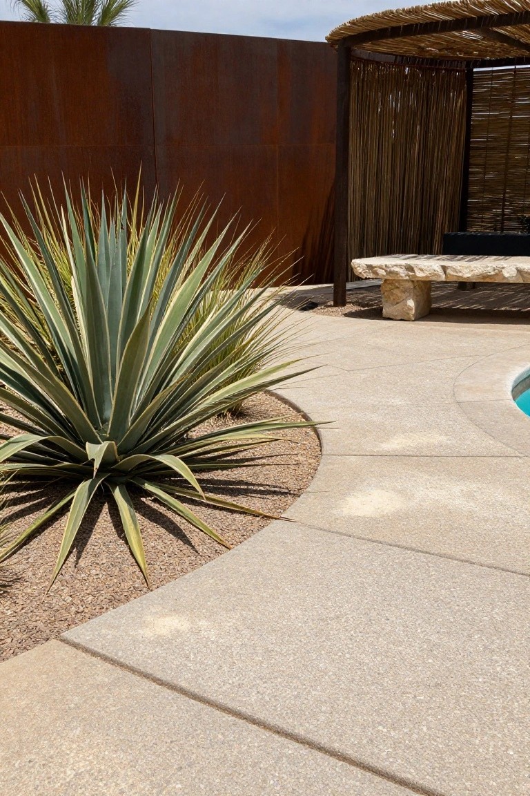 20 Clever Backyard Above Ground Pool Landscape Ideas That Work in Any Yard Curved concrete path edged with large agave plants and gravel mulch beside a turquoise above-ground pool, with a rust-colored metal wall, thatched shade structure, and stone bench nearby.