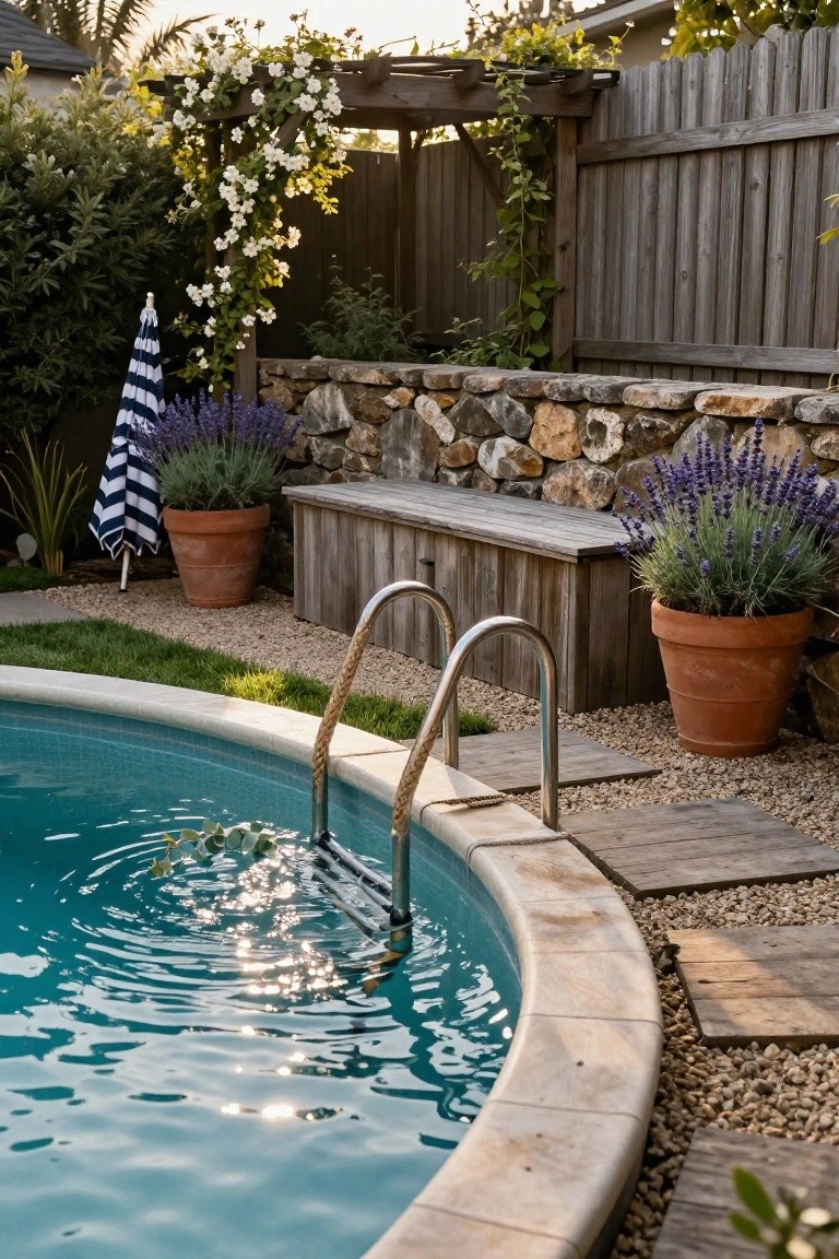 20 Clever Backyard Above Ground Pool Landscape Ideas That Work in Any Yard Turquoise above-ground pool edged in stone with rope-wrapped metal ladder, wooden storage bench nearby, lavender in terracotta pots, gravel ground cover, and wood stepping stones.