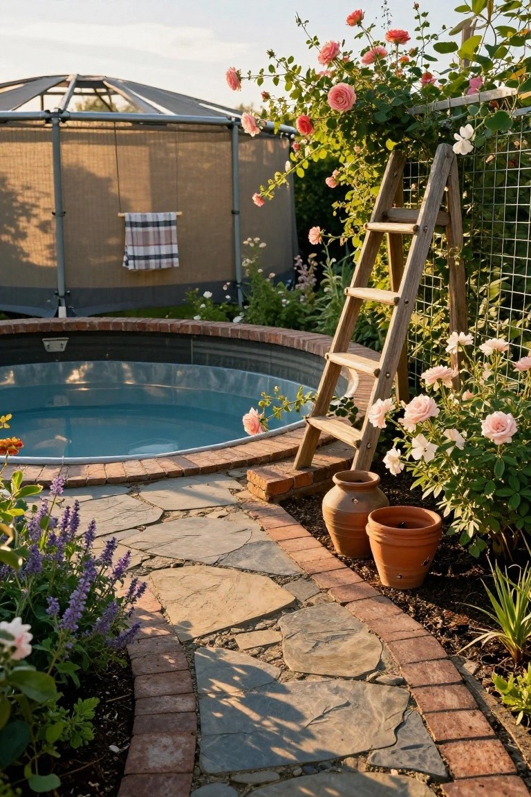20 Clever Backyard Above Ground Pool Landscape Ideas That Work in Any Yard Above-ground pool with brick base surround and wooden ladder leaning against it, bordered by pink roses, lavender plants, terracotta pots, and a stone path in a fenced backyard garden.