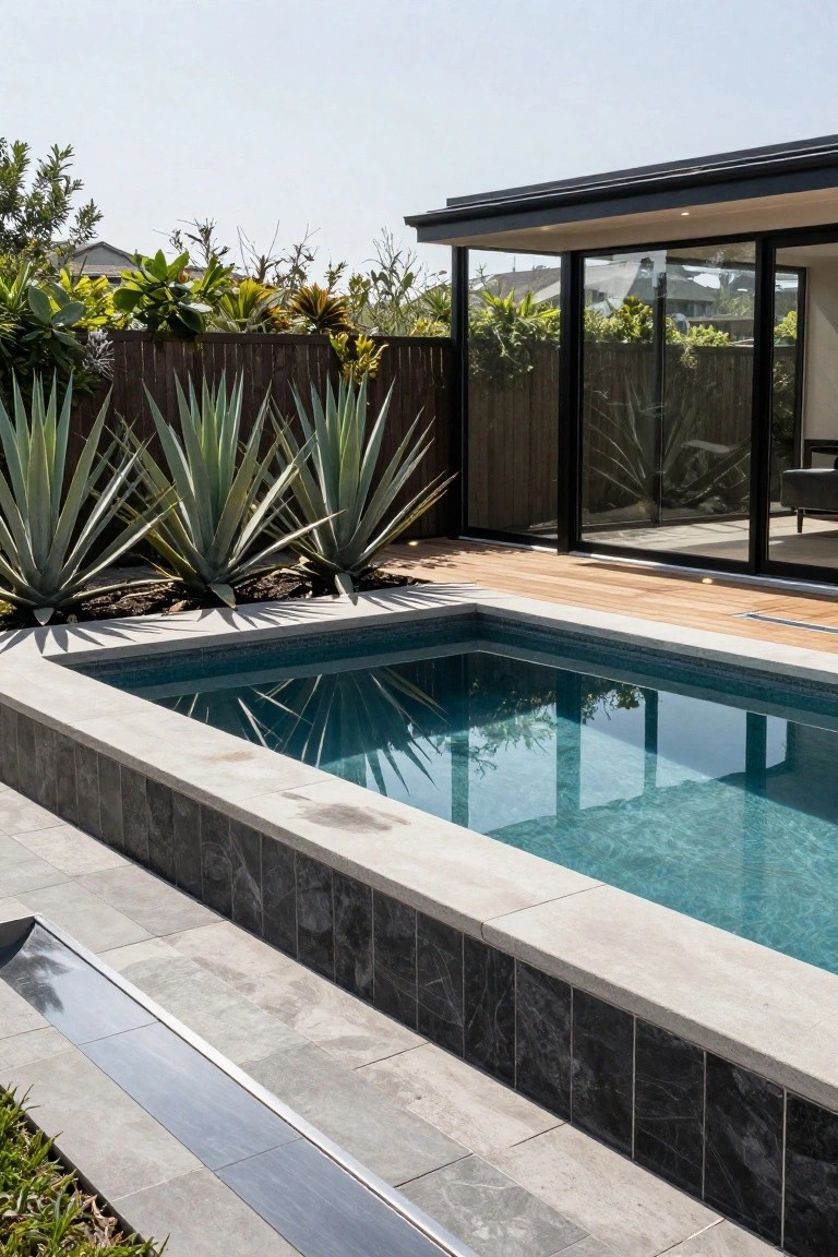 20 Clever Backyard Above Ground Pool Landscape Ideas That Work in Any Yard Small rectangular turquoise pool with gray stone walls, black marble tile edging, and a linear stainless steel channel drain, adjacent to a wooden deck platform, agave plants, and a modern black-framed glass house behind a timber fence.