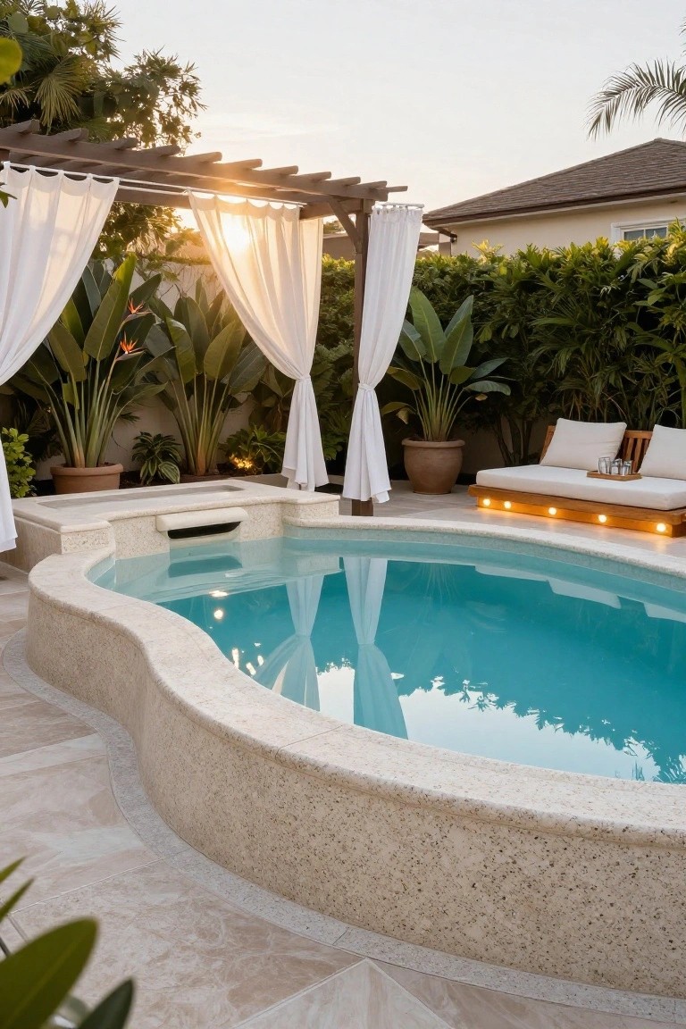 20 Clever Backyard Above Ground Pool Landscape Ideas That Work in Any Yard Curved turquoise above-ground pool with beige stone edging surrounded by tropical plants under a wooden pergola with white curtains and a wooden daybed in a backyard at sunset.