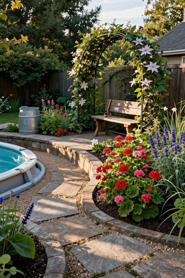 20 Clever Backyard Above Ground Pool Landscape Ideas That Work in Any Yard Curved flagstone pathway bordering a round above-ground pool, with raised planting beds of red geraniums, purple salvia, and white clematis-covered arbor with wooden bench, in a fenced backyard garden.
