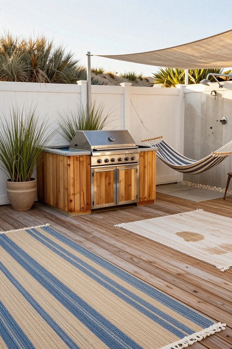 20 Clever Backyard Above Ground Pool Landscape Ideas That Work in Any Yard Wooden cabinet enclosure around a stainless steel gas grill on a deck, with potted grasses, a hammock, outdoor shower, striped and white rugs, white vinyl fence, and beach dunes in the background.