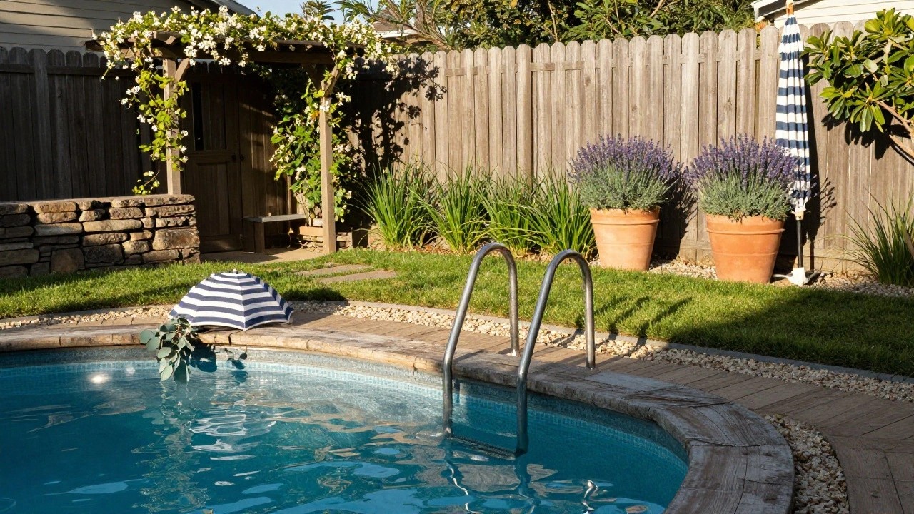 Turquoise above-ground pool edged in stone with rope-wrapped metal ladder, wooden storage bench nearby, lavender in terracotta pots, gravel ground cover, and wood stepping stones.