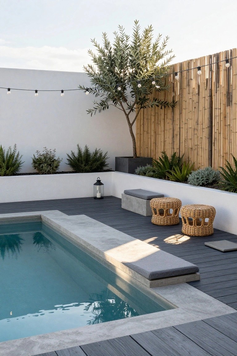 20 Clever Backyard Above Ground Pool Landscape Ideas That Work in Any Yard Turquoise above-ground pool with concrete ledge, dark composite decking, white walls, bamboo fence, olive tree, potted plants, two woven stools, concrete bench, and hanging string lights.