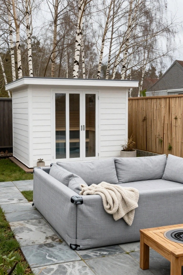 20 Clever Backyard Above Ground Pool Landscape Ideas That Work in Any Yard White wooden sauna cabin with double glass doors and interior benches in a fenced backyard, beside a large gray L-shaped outdoor sofa with pillows and a cream blanket on slate paver patio, next to a wooden fire pit table, birch trees in background.
