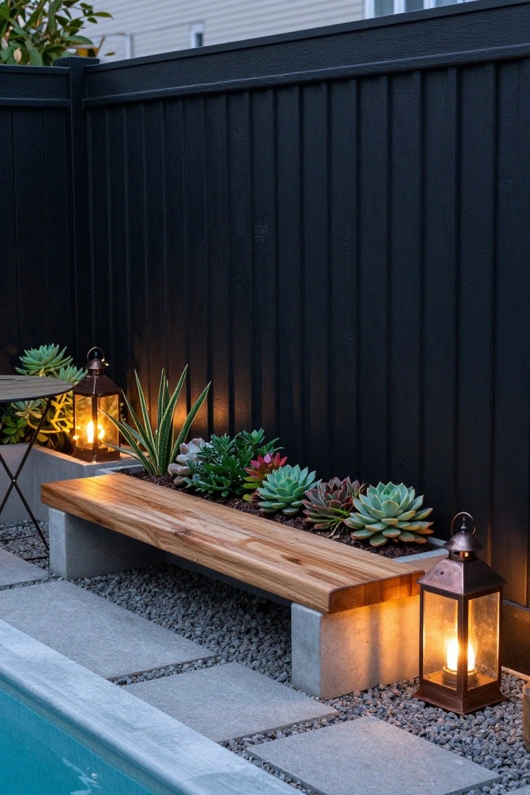 20 Clever Backyard Above Ground Pool Landscape Ideas That Work in Any Yard Wooden bench on concrete base against black fence next to above-ground pool, with succulents planted behind the bench seat and lit lanterns on either side on gravel patio with pavers.