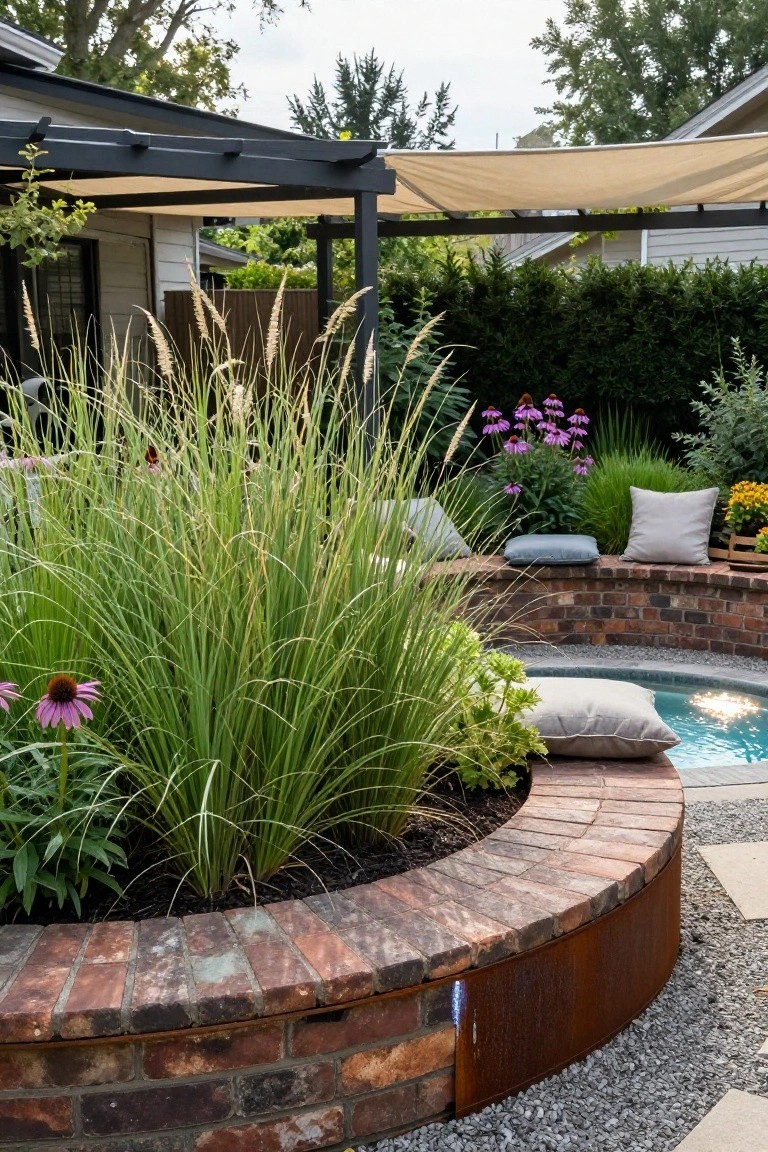 20 Clever Backyard Above Ground Pool Landscape Ideas That Work in Any Yard Curved red brick raised planter filled with tall green grasses, purple coneflowers, and green plants surrounding a small round above-ground pool with blue water, gray cushions on the brick edge, gravel groundcover, and wooden pergola with beige canopy in the background.
