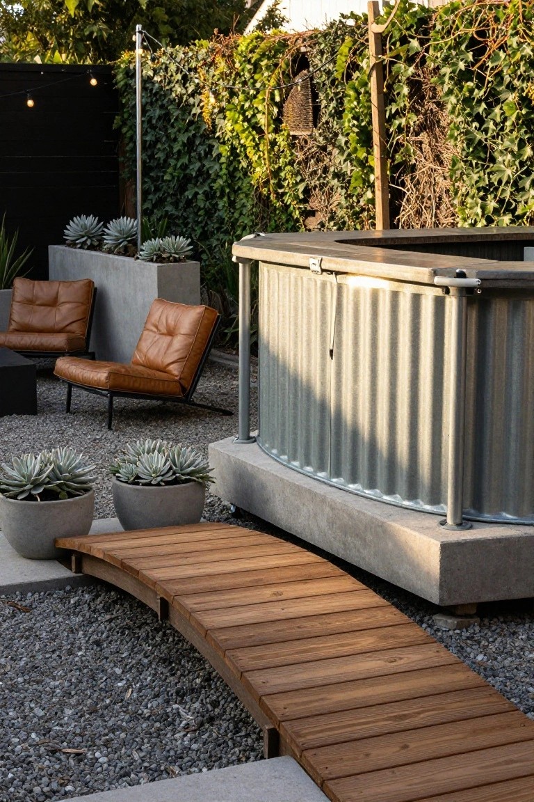 20 Clever Backyard Above Ground Pool Landscape Ideas That Work in Any Yard Raised corrugated metal hot tub on concrete base in gravel backyard, with curved wooden bridge leading to it, orange leather chairs nearby, agave plants in pots, and ivy fence backdrop.