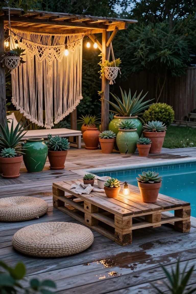 20 Clever Backyard Above Ground Pool Landscape Ideas That Work in Any Yard Weathered wooden deck adjacent to an above-ground pool with a pallet coffee table, rattan floor cushions, numerous potted succulents and agaves, string lights, lanterns, macrame hangings, and a pergola structure.