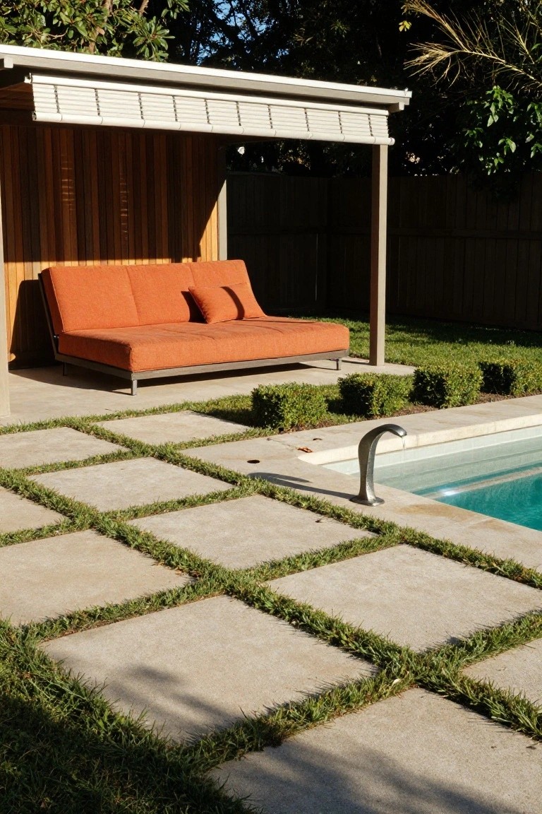 20 Clever Backyard Above Ground Pool Landscape Ideas That Work in Any Yard Above-ground pool with orange outdoor daybed sofa under wooden pergola shelter, pavers inset with grass strips leading to pool edge, boxwood hedges, and curved metal fountain.