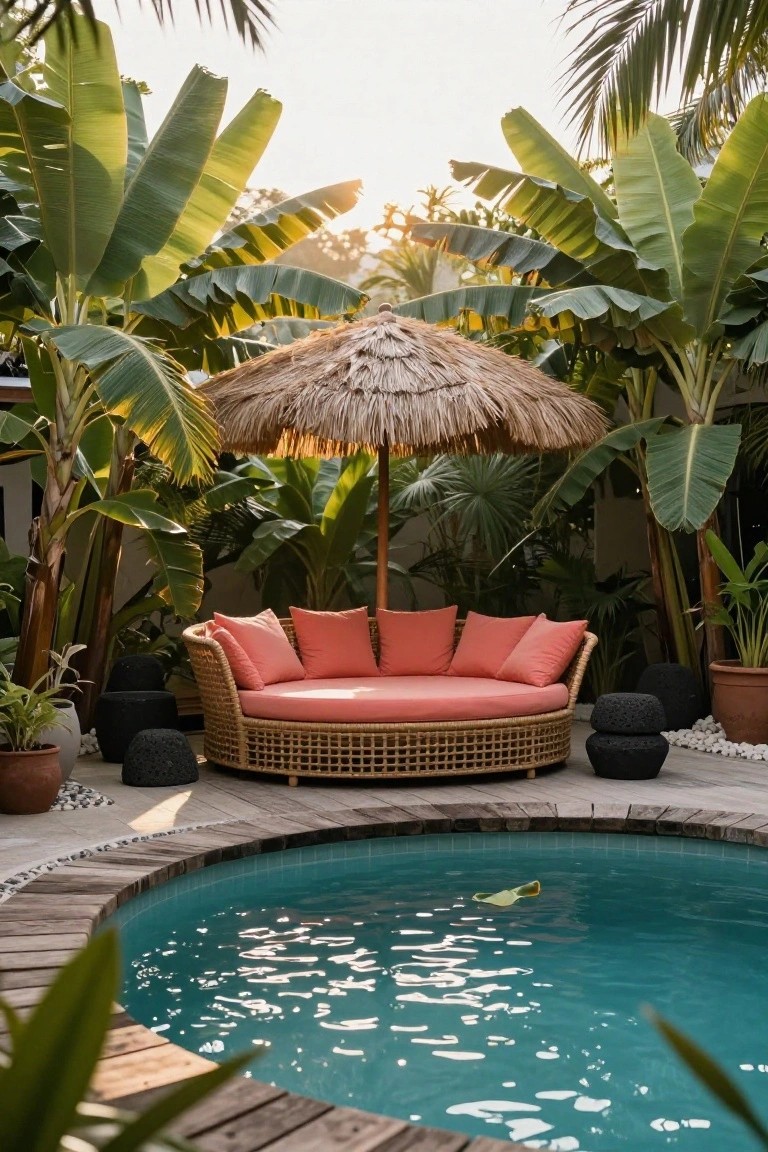 20 Clever Backyard Above Ground Pool Landscape Ideas That Work in Any Yard Curved turquoise pool with wooden decking edged by tropical plants, a circular rattan sofa with pink cushions under a thatched umbrella, and black pebble stools nearby.