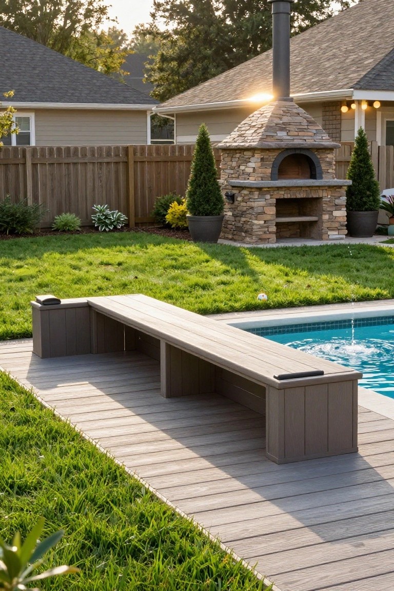 20 Clever Backyard Above Ground Pool Landscape Ideas That Work in Any Yard Long gray wooden bench on a deck beside a turquoise pool with fountain water, stone outdoor oven and plants in the background, green lawn and wooden fence nearby.