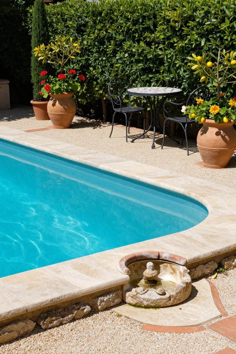 20 Clever Backyard Above Ground Pool Landscape Ideas That Work in Any Yard Corner view of a pool with beige tiled edge and small stone fountain, large terracotta pots with lemon trees, geraniums, and marigolds, a round metal table with two chairs, hedges and gravel ground nearby.