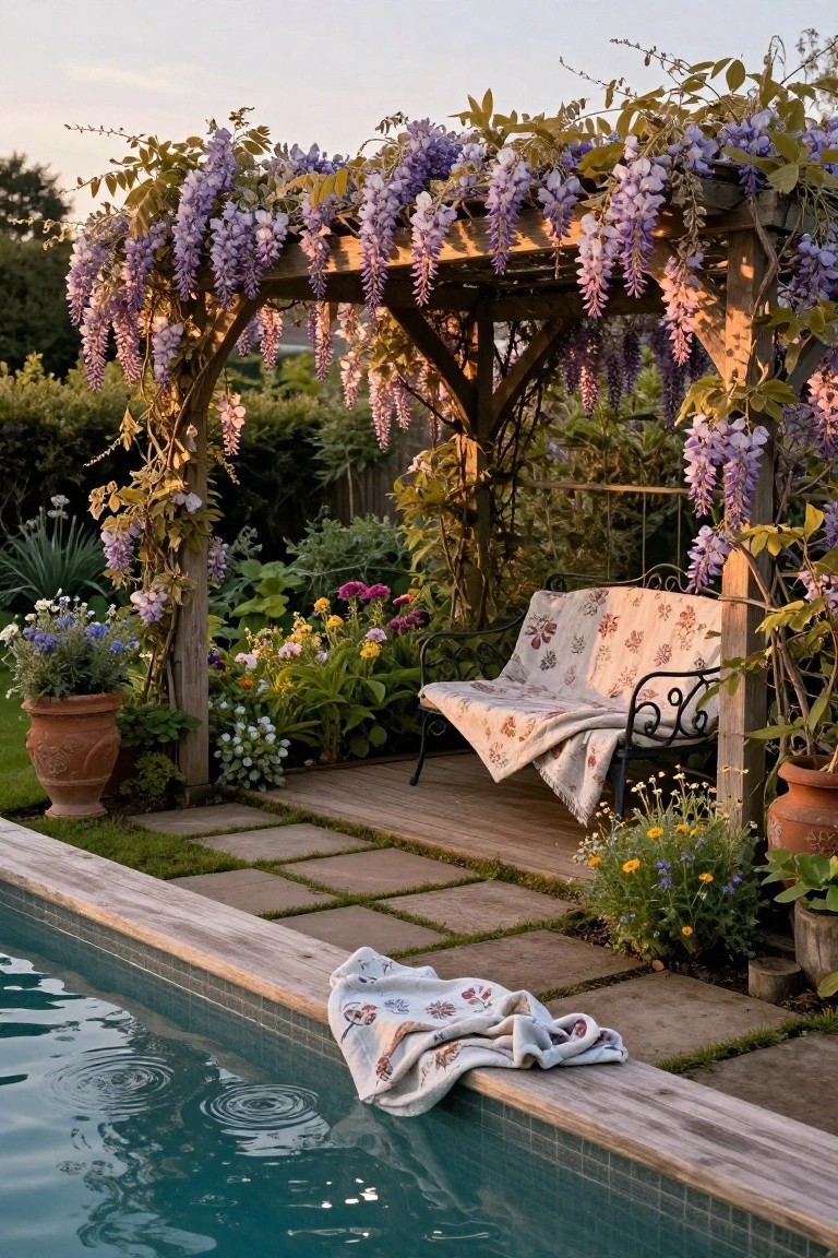 20 Clever Backyard Above Ground Pool Landscape Ideas That Work in Any Yard Wooden pergola covered in purple wisteria vines shelters a cushioned bench on a wooden deck beside an above-ground pool edged in wood, with potted plants and garden flowers nearby.