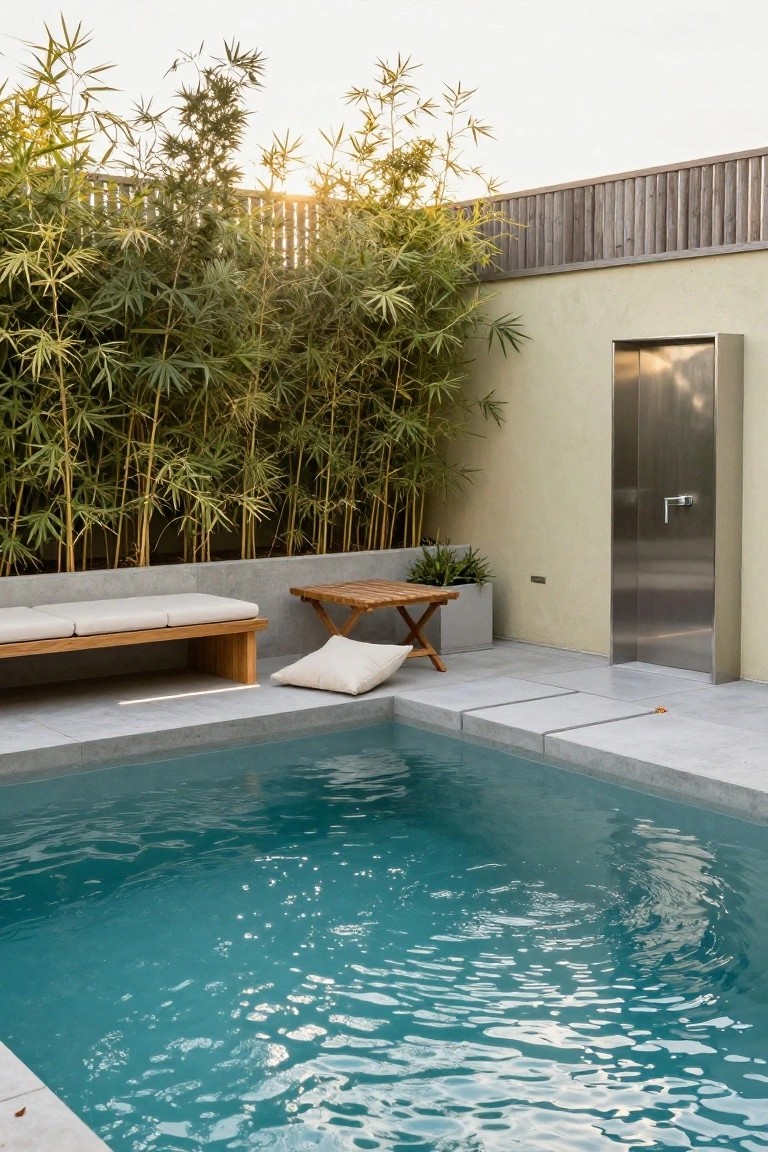 Small corner pool with turquoise water, surrounded by tall bamboo plants along a wooden fence and beige wall, featuring a wooden bench with white cushions, small folding table, potted plants, and stainless steel door nearby.