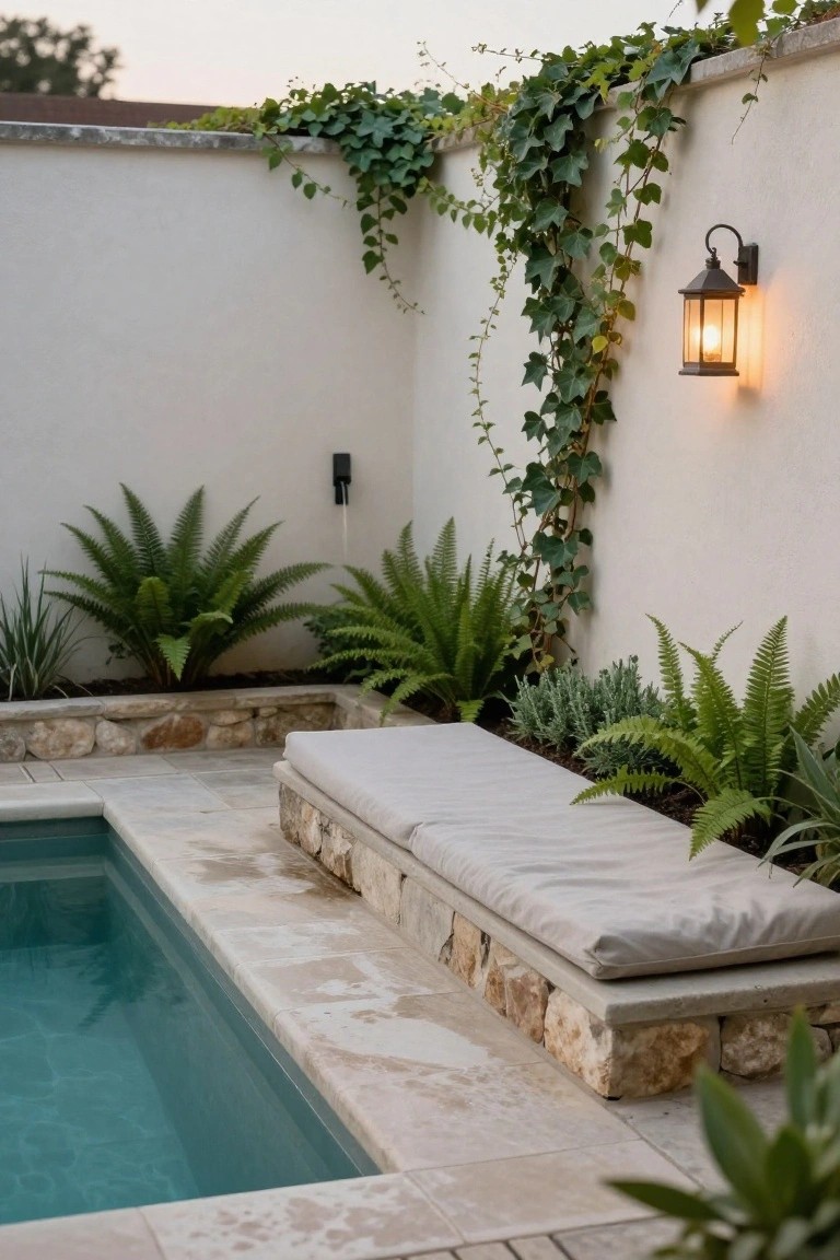 Small rectangular turquoise pool with a built-in stone bench topped by a beige cushion along one edge, surrounded by ferns, succulents, and ivy climbing a white wall with a wall-mounted lantern light.