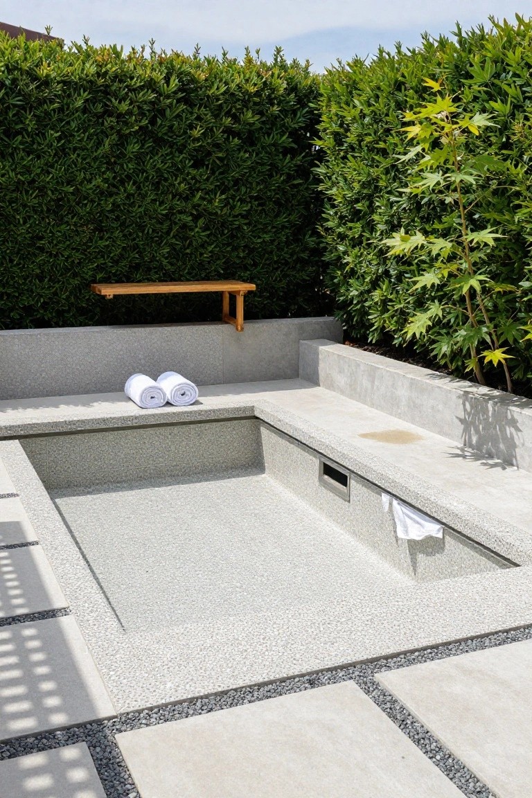 Small rectangular pool with gray pebble finish, built-in concrete benches, wooden towel shelf, white towels, and surrounding green hedges on pebble-paved patio.