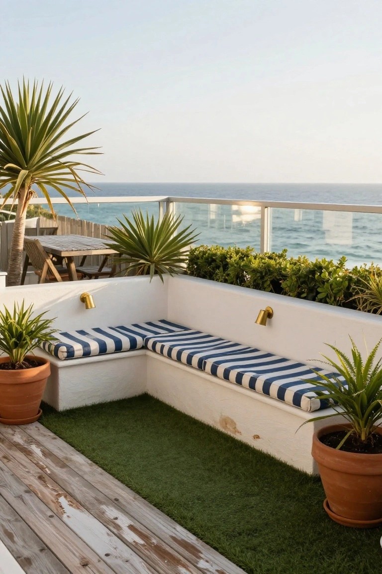 White L-shaped built-in bench with blue and white striped cushions on a balcony deck with potted plants, artificial grass patch, and glass railing overlooking the ocean.