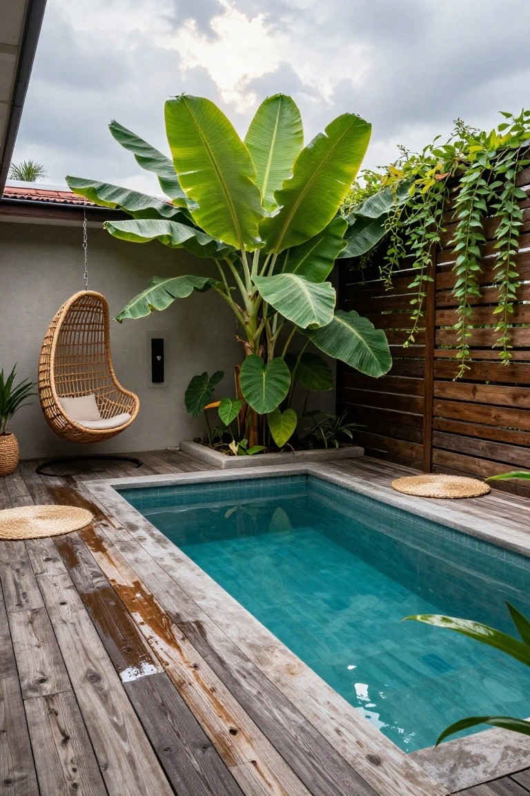Small rectangular turquoise pool sunken into weathered wooden decking in a backyard corner, with a hanging rattan swing chair, large banana plant, potted plants, and vine-covered wooden fence nearby.