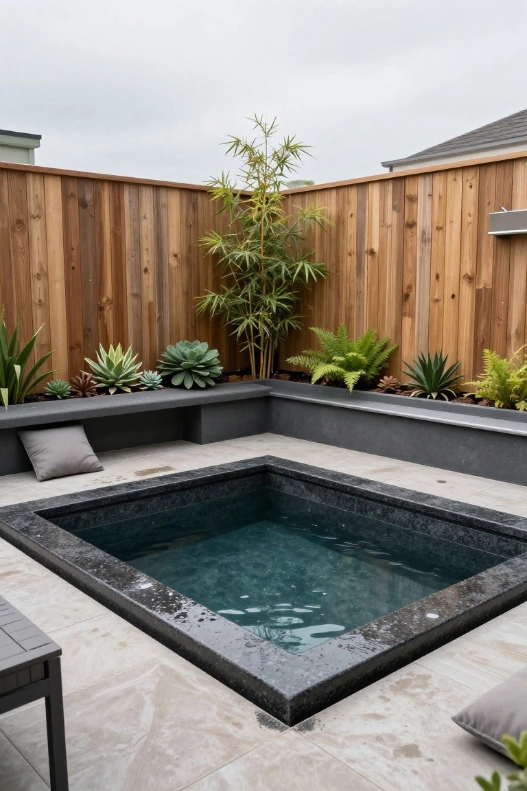 Small rectangular pool with black granite edges in backyard corner, L-shaped concrete bench along two sides topped with cushions, surrounded by bamboo plants, succulents, ferns in wooden fence enclosure, nearby outdoor table on tiled patio.