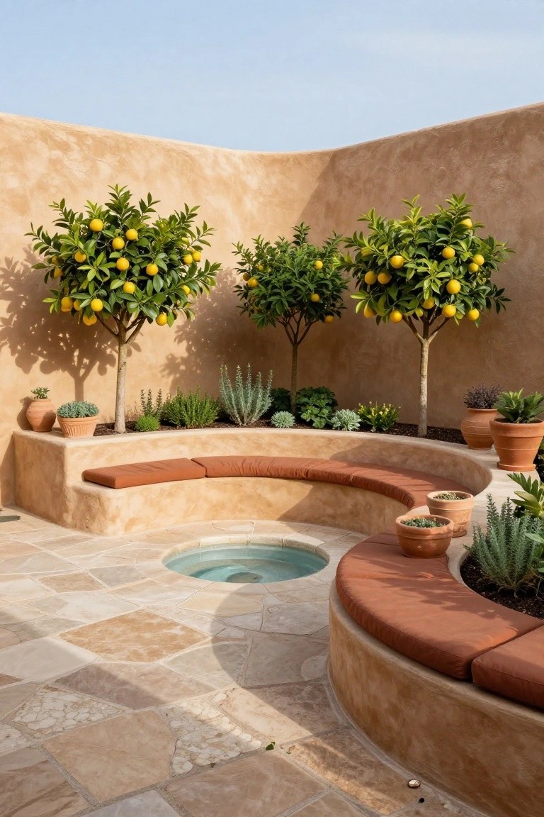 Curved tan cushioned bench wrapping around a small turquoise spa pool in an adobe-walled outdoor space with lemon trees, succulents, and terracotta pots on stone tiles.