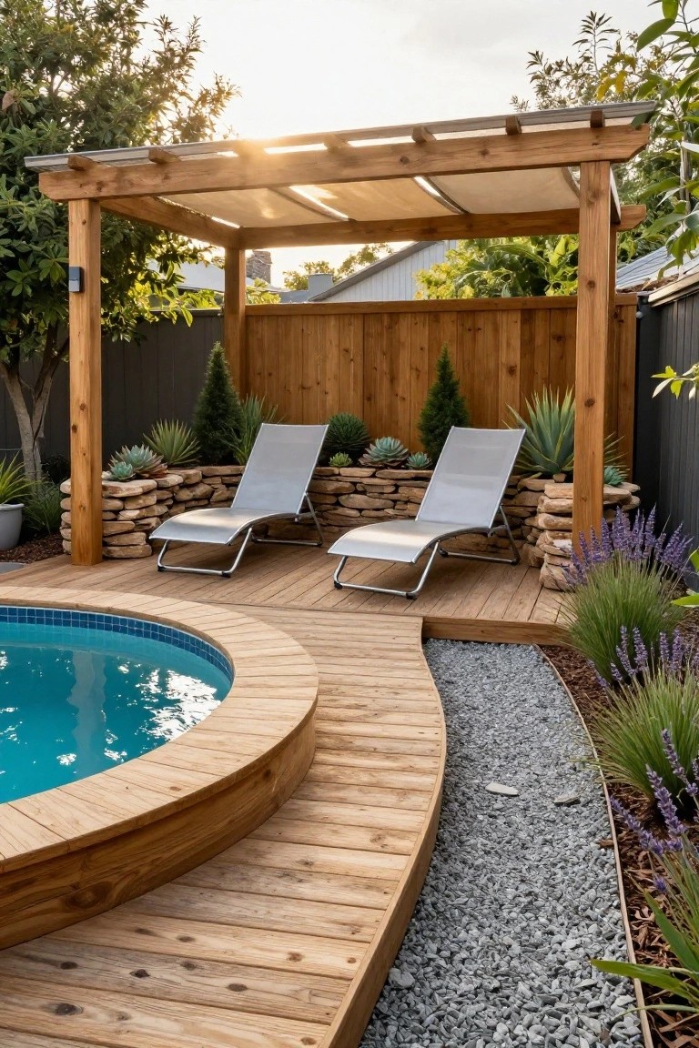 Small round blue-tiled pool edged by curved wooden decking leading to a pergola sheltering two gray lounge chairs, with succulents in rock borders and gravel paths beside wooden fencing in a backyard.