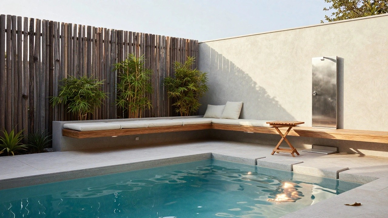 Small corner pool with turquoise water, surrounded by tall bamboo plants along a wooden fence and beige wall, featuring a wooden bench with white cushions, small folding table, potted plants, and stainless steel door nearby.