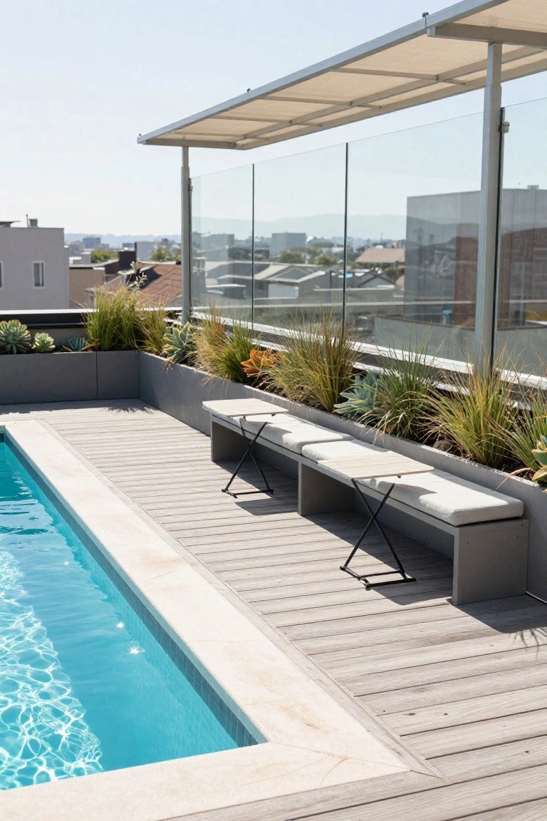 Rooftop pool with turquoise water edged by white tile and gray wooden decking, long narrow planters filled with grasses and succulents, cushioned benches nearby, glass railings, and distant cityscape view.