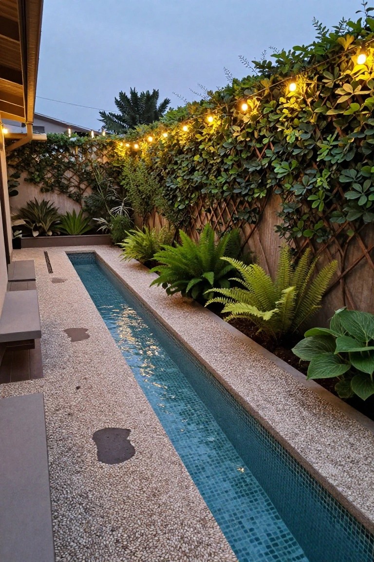 A narrow rectangular pool with turquoise mosaic tiles surrounded by pebble paths, wooden benches, lush ferns, vines on lattice fences, and string lights in a small enclosed backyard at dusk.