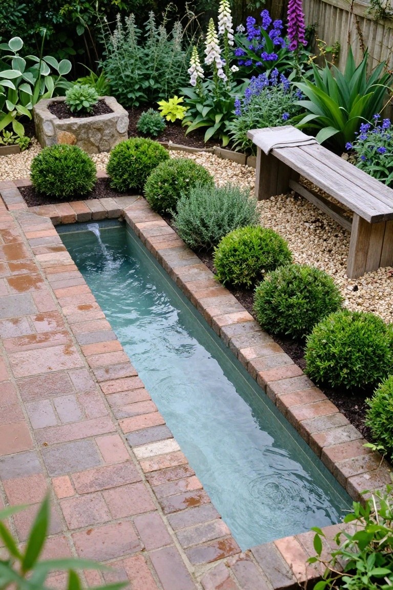 Overhead view of a narrow rectangular inground pool with flowing water, set into brick paving and bordered by boxwood shrubs, gravel mulch, perennials, and a wooden bench in a small backyard garden.