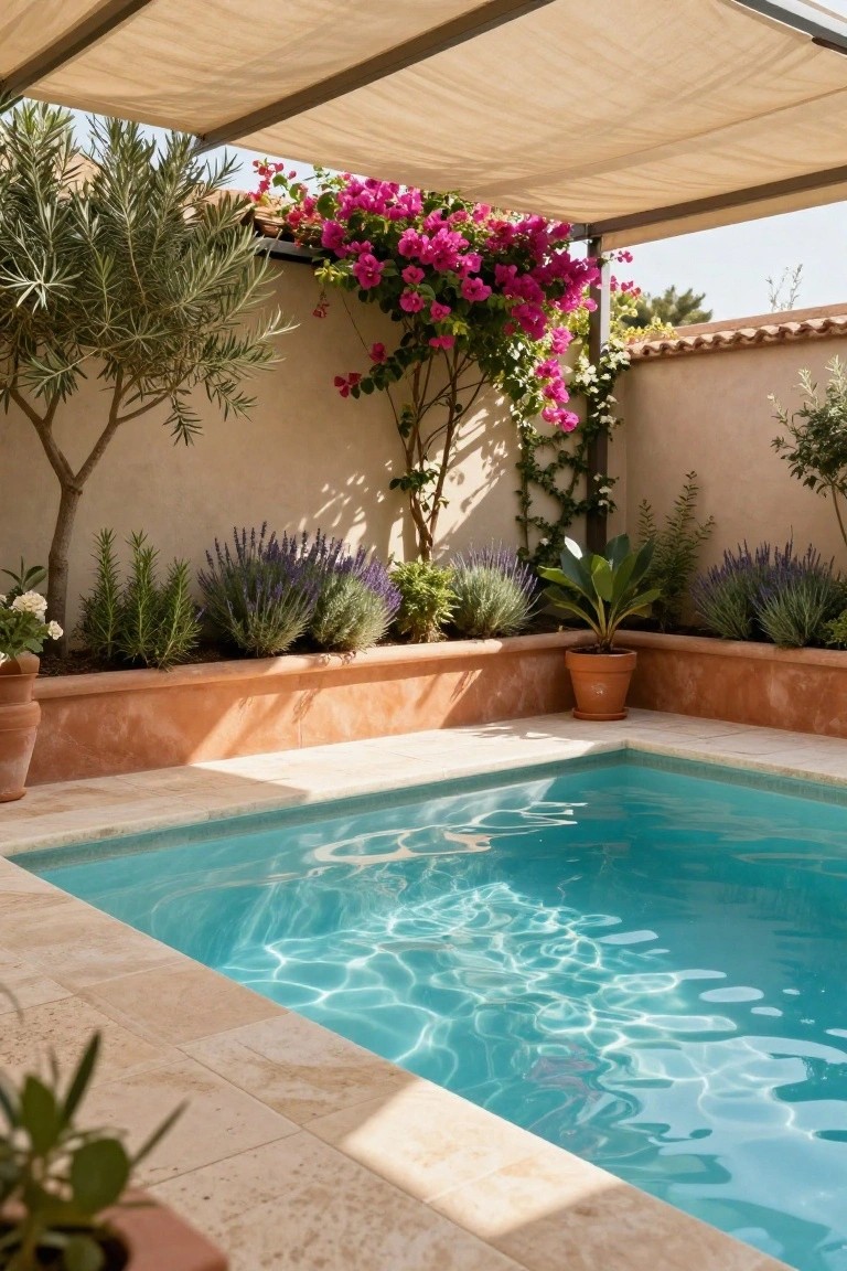 Small turquoise pool in a sunny backyard corner, edged by raised terracotta-toned planters filled with lavender, rosemary, and other greenery, with olive trees, bougainvillea vines on beige walls, and a beige fabric pergola overhead.