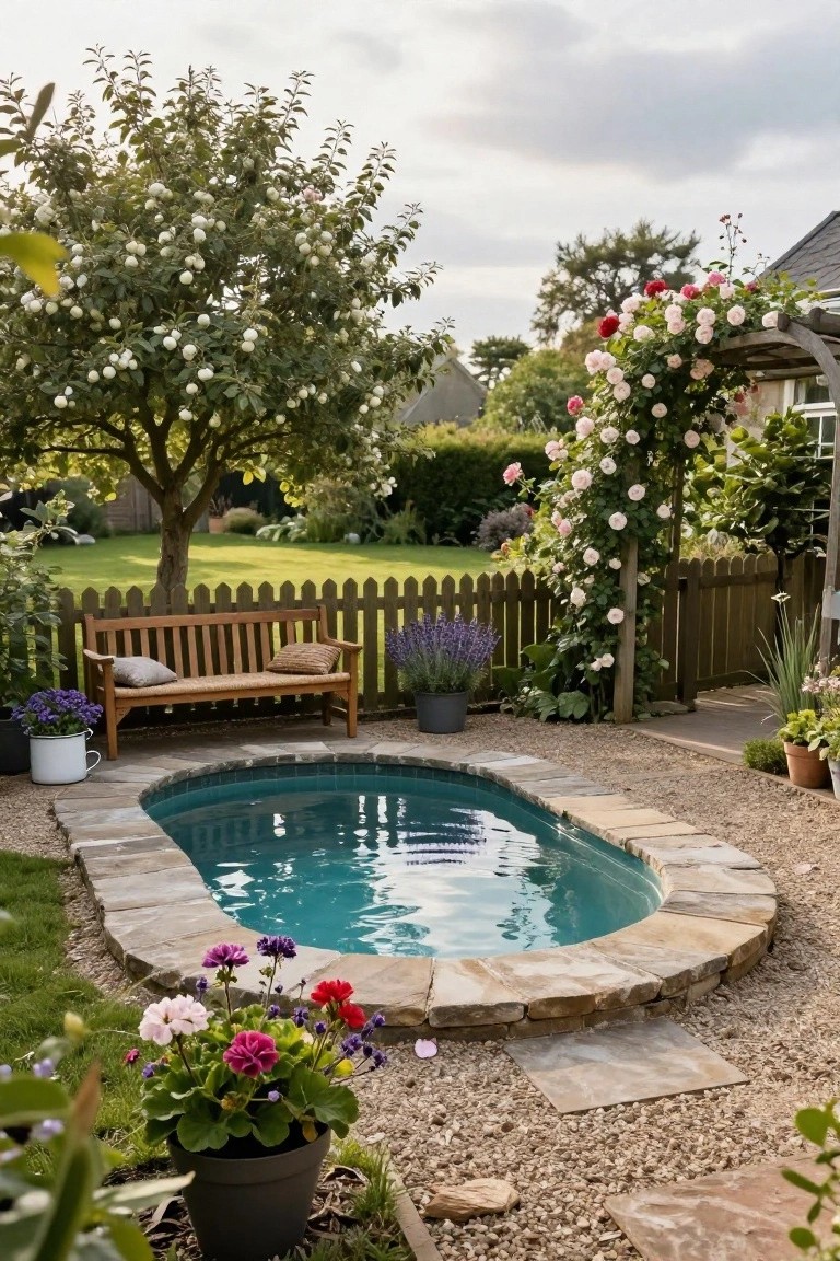 Small turquoise oval pool with beige stone edging in a gravel backyard area, next to a wooden bench with cushions, surrounded by potted flowers, lavender plants, climbing roses on an archway, picket fence, trees, and lawn.