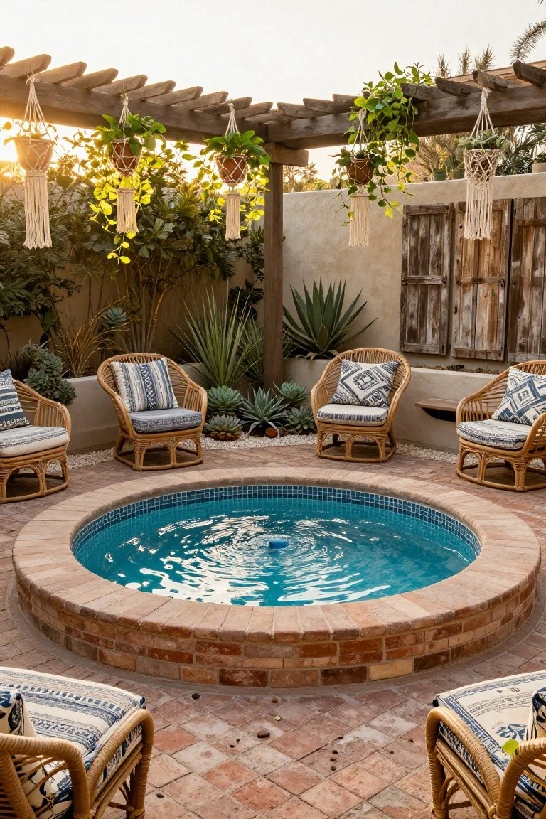 Small circular turquoise-tiled pool with fountain in brick surround, circled by rattan chairs with blue and white patterned cushions on brick pavers, amid succulents, hanging macrame planters, and a wooden pergola in a backyard courtyard.