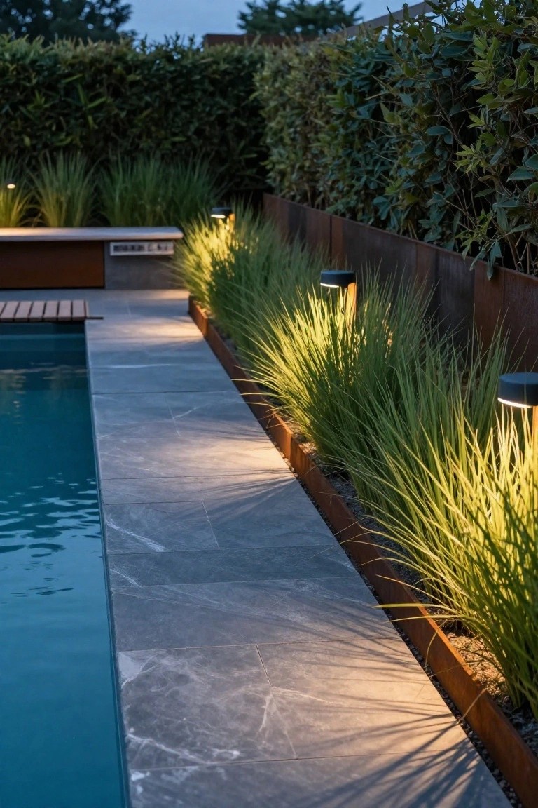 Rectangular backyard pool with gray stone deck along one edge, bordered by Corten steel planters filled with tall green ornamental grasses and black uplights, viewed at dusk with hedges in the background.
