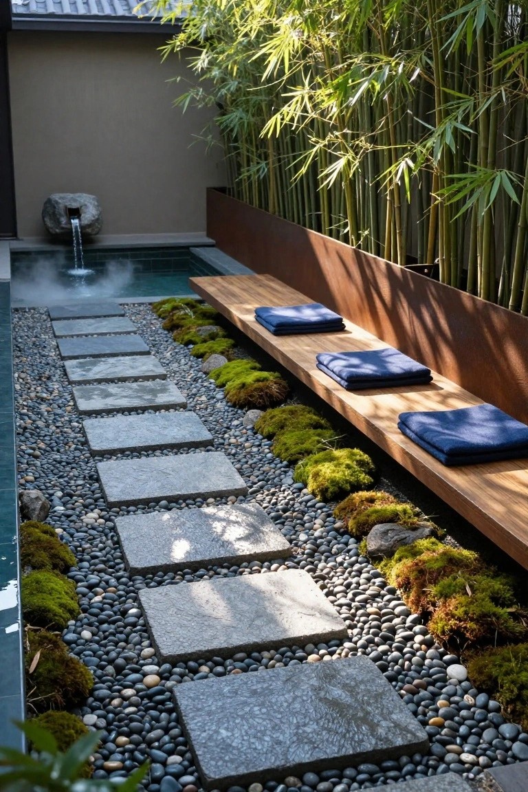 Narrow landscaped courtyard with small rectangular steaming pool, wooden bench with stacked blue towels, gray stepping stone path through black and gray pebble groundcover, mossy rocks, and tall bamboo screen along rust-colored metal edging.