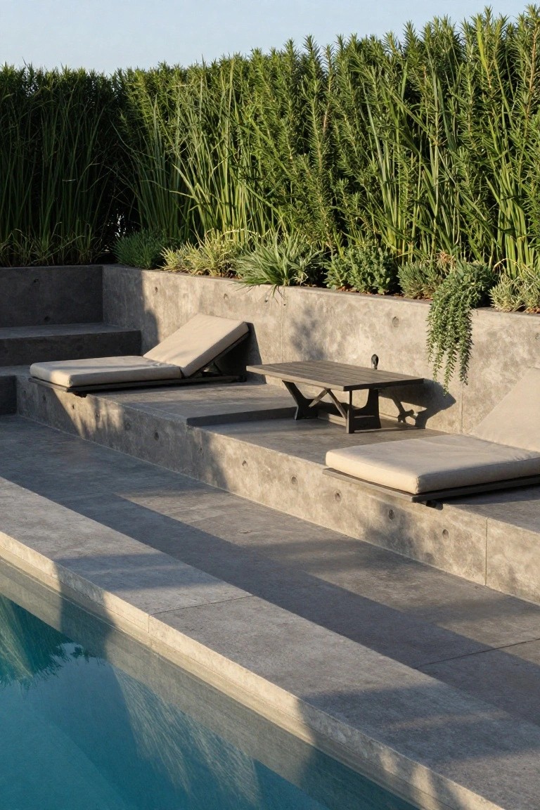 Tiered gray concrete platforms with beige loungers, a wooden low table, and trailing plants along the edge of a narrow blue pool, backed by tall green hedges.