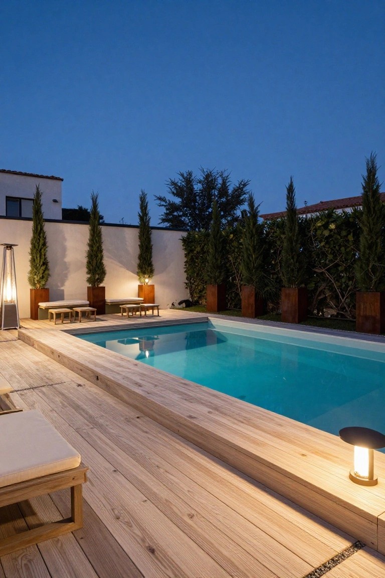 Small rectangular pool with light wood decking surrounding it at dusk, lounge chairs on the deck, tall cypress trees in rust-colored square planters along a white stucco wall, outdoor lamps, and a gas fire pit nearby.