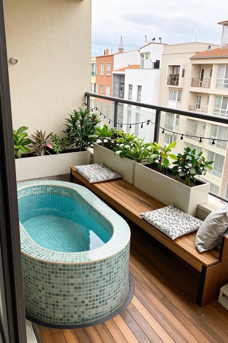 20 Compact Stock Tank Pool Ideas Perfect For Small Spaces Small oval pool with turquoise mosaic tiles on a wooden balcony deck, flanked by white planters with tropical plants and wooden benches with patterned cushions, viewed from inside with city buildings in the background.