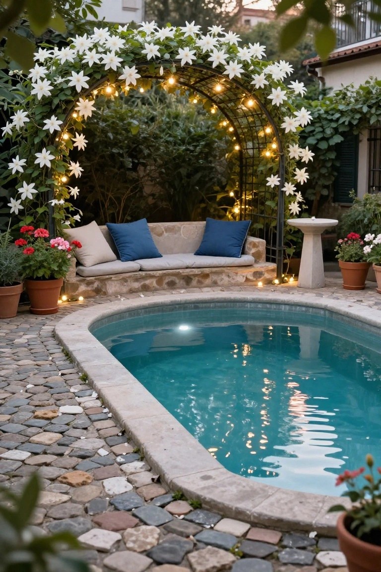 20 Compact Stock Tank Pool Ideas Perfect For Small Spaces Small oval turquoise pool edged in limestone with adjacent built-in stone bench topped by beige and blue cushions under black metal arch covered in white star-shaped flowers and string lights, surrounded by potted plants on pebble paving in a garden courtyard.