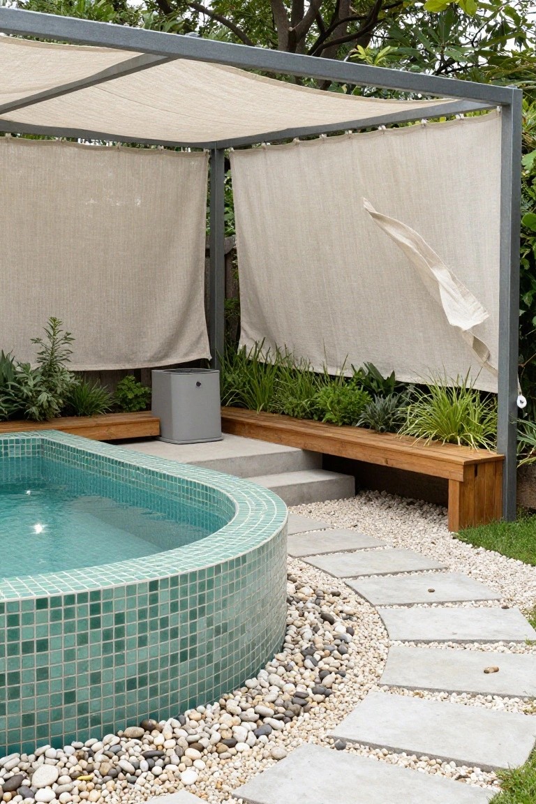 20 Compact Stock Tank Pool Ideas Perfect For Small Spaces A small curved pool with green mosaic tiles and turquoise water, adjacent wooden bench on a platform, steps leading to the pool, surrounded by plants, gravel, stone pavers, and a metal pergola with beige fabric curtains.