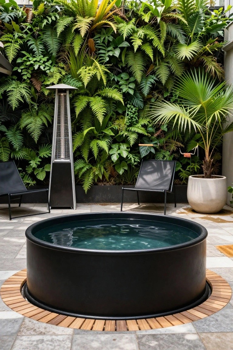 20 Compact Stock Tank Pool Ideas Perfect For Small Spaces A circular black stock tank pool filled with teal water in a paved outdoor patio, surrounded by dense green fern and palm plant walls, with two black mesh lounge chairs, a tall patio heater, and a large white potted palm nearby.