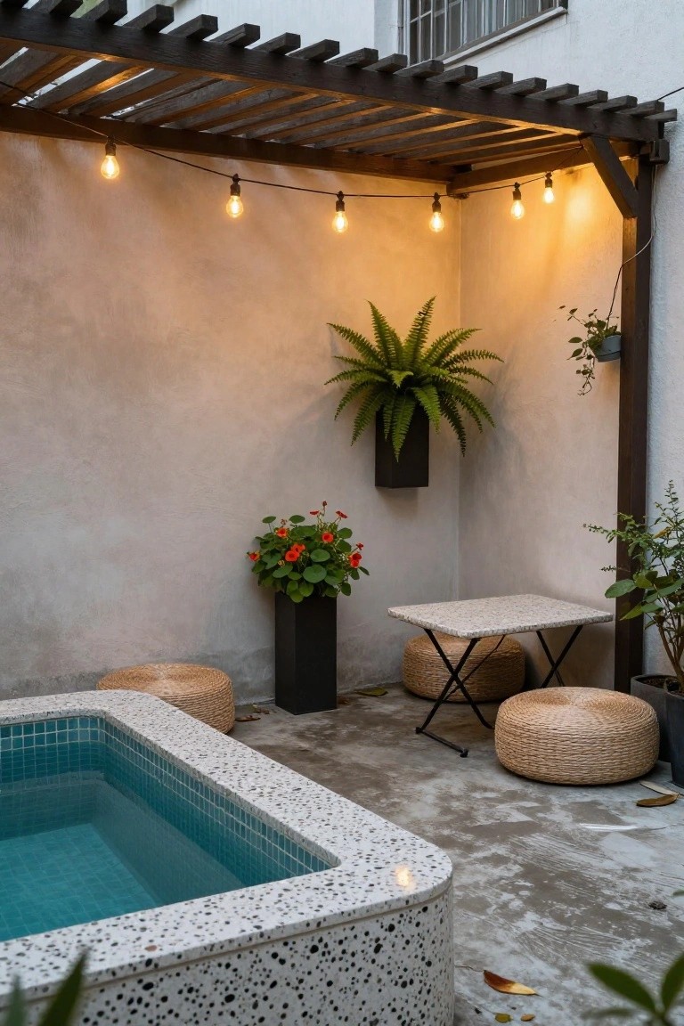 20 Compact Stock Tank Pool Ideas Perfect For Small Spaces Small rectangular pool with blue tiles and white terrazzo edging in a concrete courtyard under a wooden pergola with string lights, surrounded by rattan poufs, a low stone table, potted plants, ferns, and a beige stucco wall.
