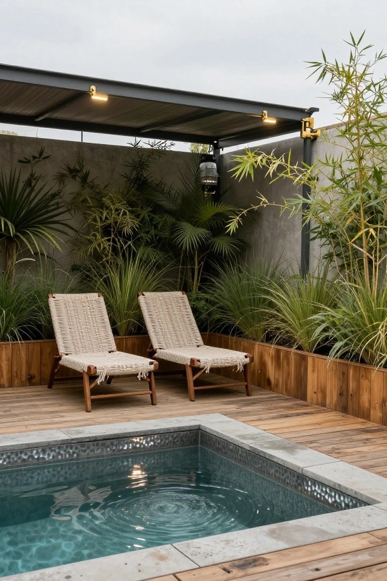 20 Compact Stock Tank Pool Ideas Perfect For Small Spaces Small turquoise pool set into a wooden deck with two adjacent beige rattan lounge chairs, surrounded by tropical plants, bamboo, and a metal pergola structure against concrete walls.