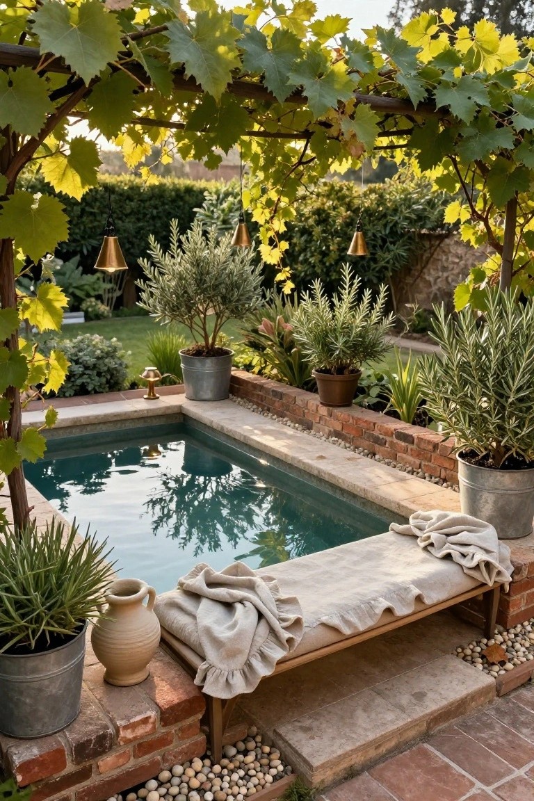20 Compact Stock Tank Pool Ideas Perfect For Small Spaces Small rectangular turquoise pool in a brick and stone enclosure under a wooden pergola covered in green grape vines, surrounded by potted plants including olive trees and agave, with a wooden bench draped in white linens on one side.